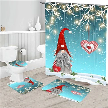 Cartún Santa Cith Cuirtín poileistir Uiscedhíonach Seomra Folctha Cuirtín Cairpéad Urlár Mat Cith Cuirtín Ceithre phíosa Socraigh